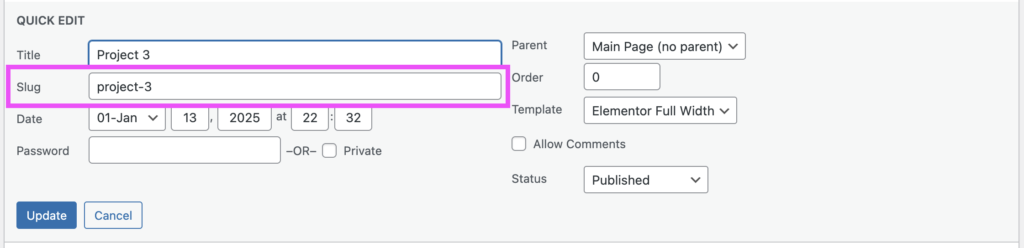 Screenshot of WordPress page Quick Edit section, with slug section highlighted in pink. 